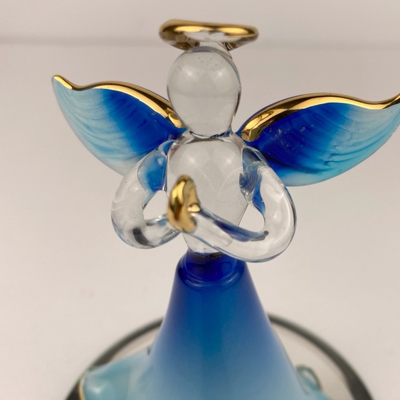 Hand Blown Blue Glass Angel 4 inch Gold Trim on Mirror Praying Hands - Picture 4 of 6